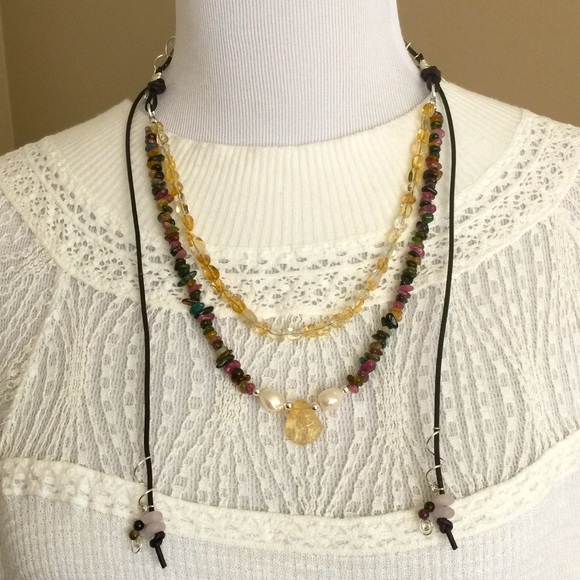 Citrine Tourmaline Pearl Silver Necklace - Picture 6 of 8